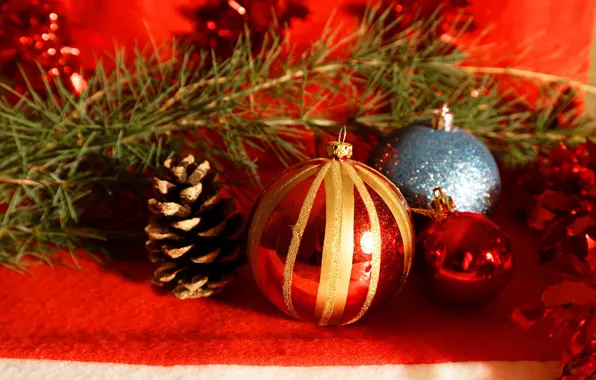 Picture winter, balls, branches, red, holiday, balls, toy, Shine