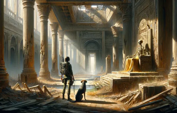 Girl, dog, the ruins, temple, architecture, digital art, other worlds, digital art