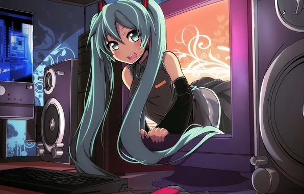 Picture computer, girl, art, monitor, vocaloid, hatsune miku, screen, tom