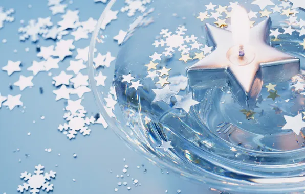 Stars, macro, snowflakes, flame, bowl, candle