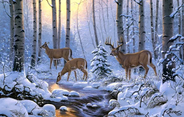 Winter, forest, snow, trees, stream, art, deer, Derk Hansen