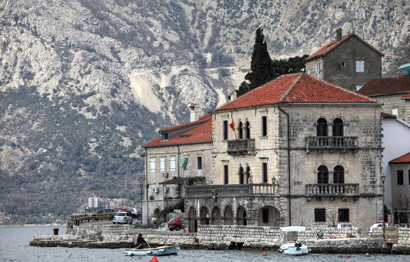 Picture mountains, shore, home, Bay, boats, Croatia, Montenegro, Kotor Bay