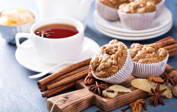 Tea, food, nuts, cinnamon, cakes, marmalade, cupcakes, Anis