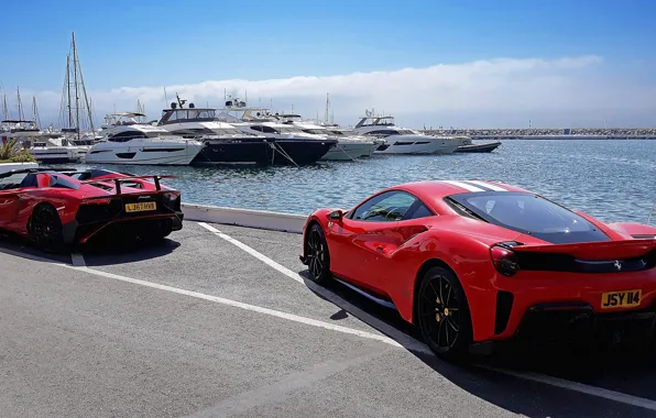 Sea, yachts, Lamborghini, port, Ferrari, promenade