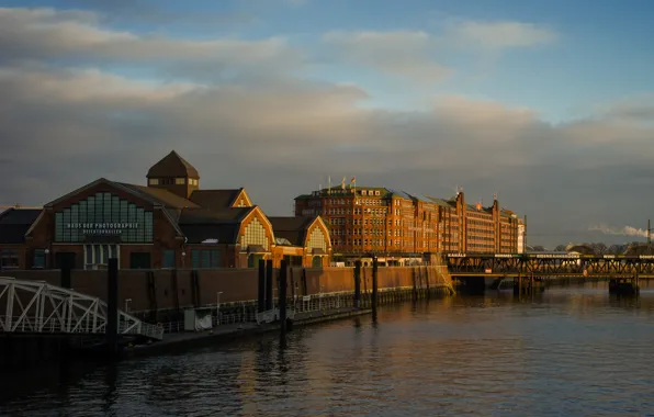 The sky, landscape, sunset, bridge, home, Germany, channel, promenade