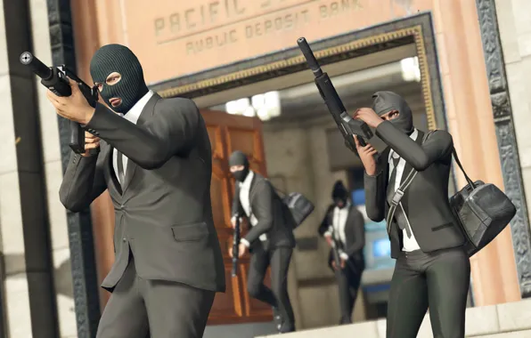 Weapons, people, thieves, mask, bags, robbery, GTA, Rockstar