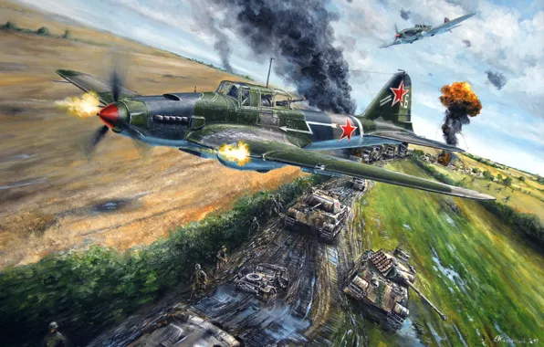 Germany, tank, USSR, Attack, Column, Pz.Kpfw. V, Lukasz Kasperczyk, IL-2 attacks a German column