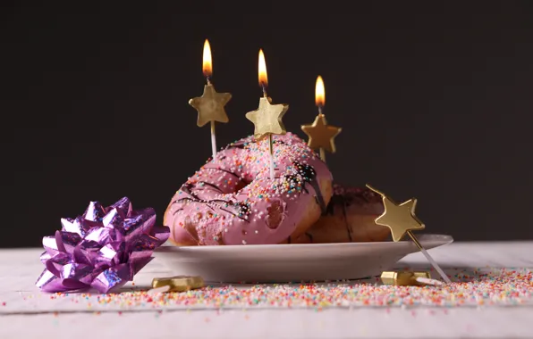 Food, candles, donuts, bow