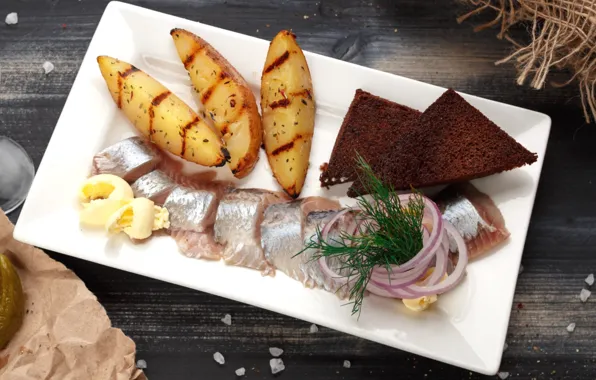Picture bread, appetizer, potatoes, herring