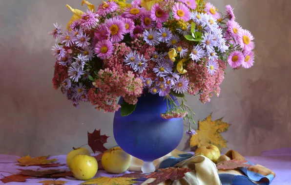 Leaves, flowers, table, apples, vase, still life, asters