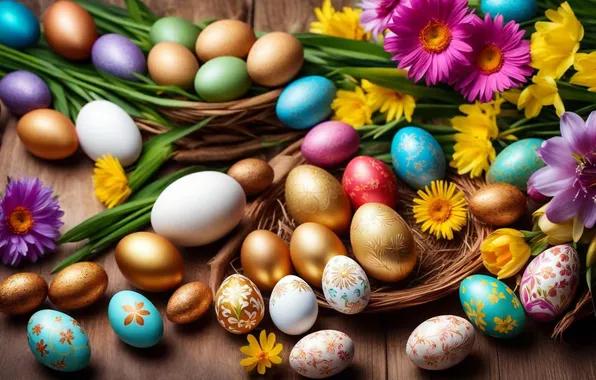 Flowers, eggs, spring, colorful, Easter, flowers, spring, Easter