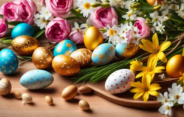 Flowers, eggs, spring, colorful, Easter, happy, flowers, spring