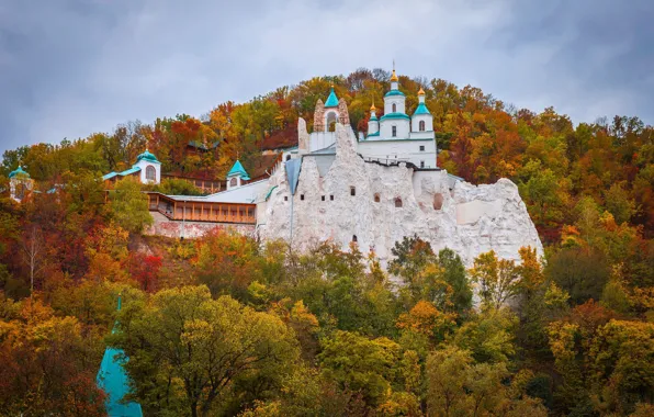 Autumn, forest, the sky, leaves, trees, Church, Ukraine, the monastery