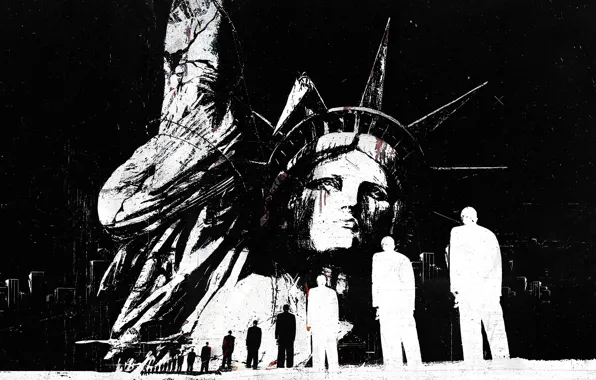 Picture people, building, abstract, black and white, USA, America, grunge, statue of liberty