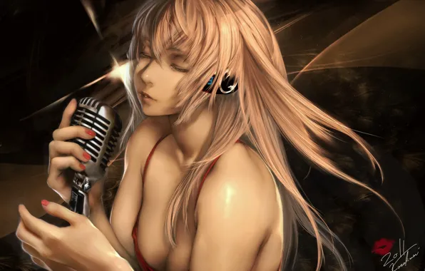 Girl, headphones, microphone, vocaloid, megurine luka, Vocaloid, art, simukka