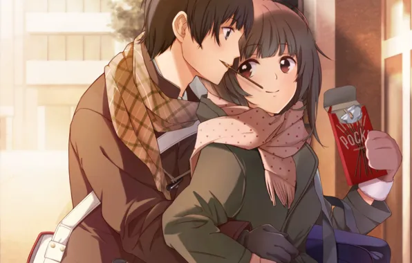 Picture girl, the city, home, anime, scarf, art, hugs, pair