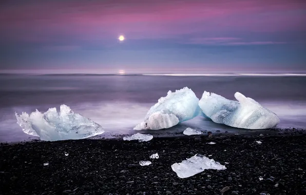 Picture ice, sea, sunset, stones, ice, blocks