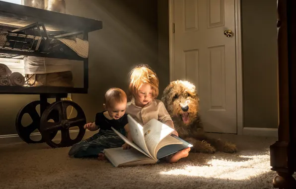 Picture children, dog, book