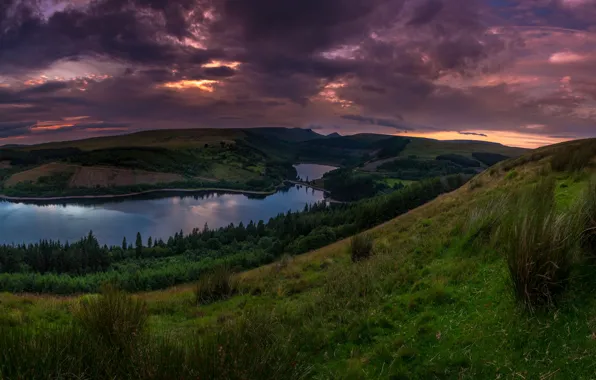 Grass, mountains, clouds, view, hill, pond