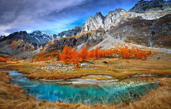 Picture autumn, trees, mountains, lake, slope