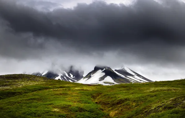 Field, grass, mountains, storm, gray clouds