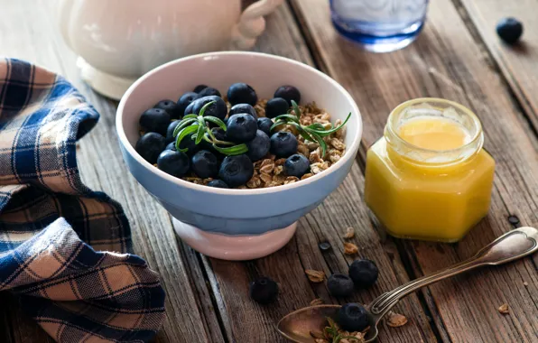 Honey, blueberries, rosemary, granola