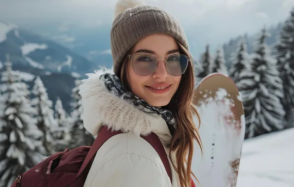 Happy, woman, snowboarding, enjoying