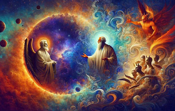 The opposition, God, The devil, mythology, AI art, neural network, duality