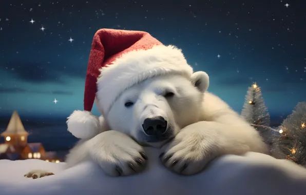 Bear, Christmas, bear, New year, polar bear, polar, the Santa hat, AI art