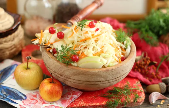 Apples, bowl, cranberry, sauerkraut