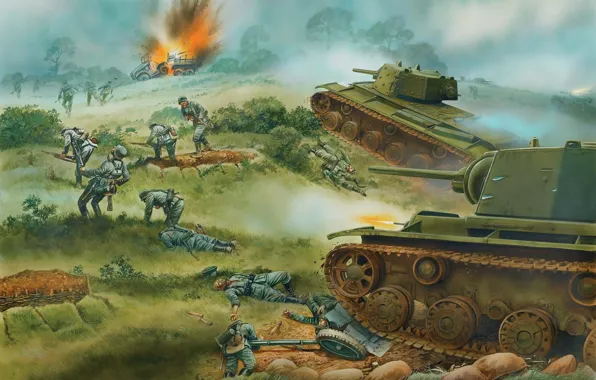 Figure, attack, tanks, The great Patriotic war, KV-1, heavy tanks, Soviet
