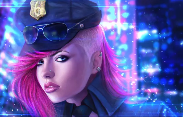 Picture girl, glasses, pink, League of Legends, the Piltover Enforcer, officer