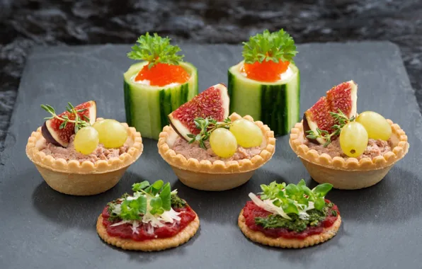 Mini, grapes, caviar, cucumbers, figs, snacks, pate