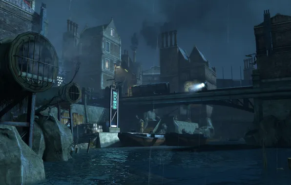 Picture bridge, city, the city, river, street, the game, Dishonored, Danuoll
