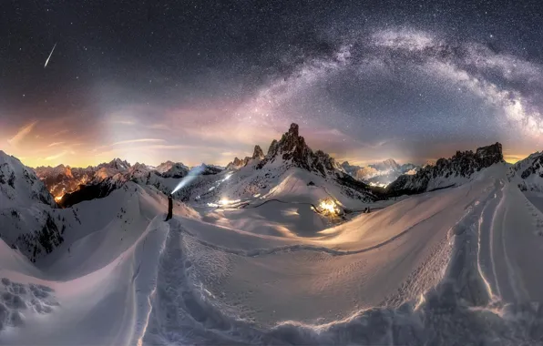 Picture the sky, stars, light, snow, mountains, night, people, the milky way
