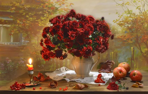 Flowers, style, apples, candle, bouquet, chrysanthemum, autumn still life, Valentina Fencing