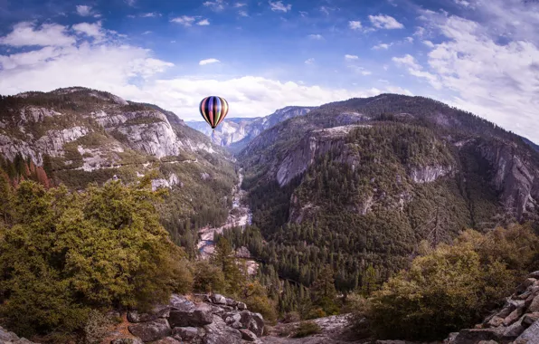 Picture clouds, trees, nature, balloon, rocks, Yosemite, Yosemite, California