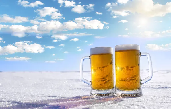 Winter, the sky, foam, the sun, clouds, snow, landscape, beer
