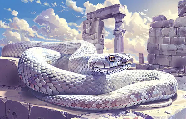 Snake, White, The ruins, Art, Reptile, Animal, Digital art, AI art