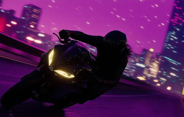 Night, speed, skyscrapers, motorcyclist, racer, trip, digital art, digital art