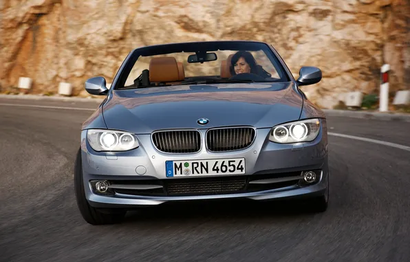 Picture Girl, BMW, Machine, Convertible, Grey, Driver, The front, In motion