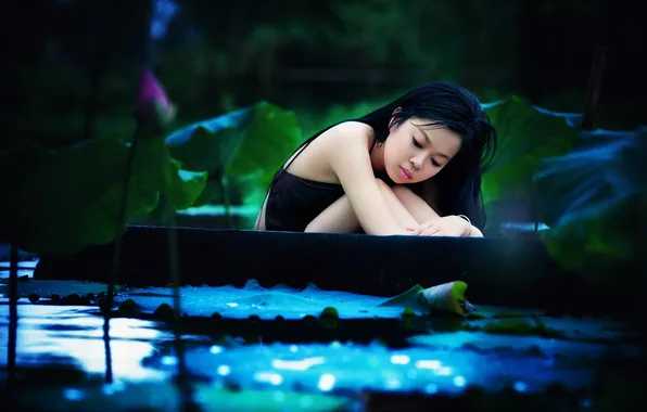 Girl, background, boat, Asian