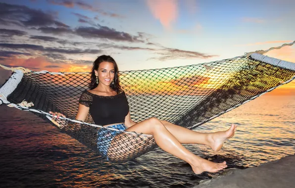 Sea, girl, smile, stay, feet, shorts, hammock