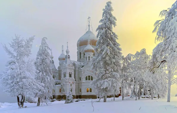 Winter, snow, trees, landscape, ate, temple, Belogorye, Perm Krai