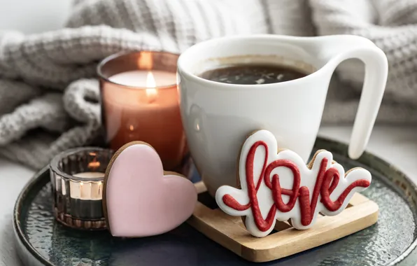 Love, comfort, the inscription, tea, heart, candle, candles, cookies