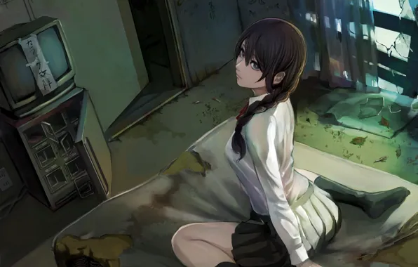 Picture girl, anime, mattress, art, sitting