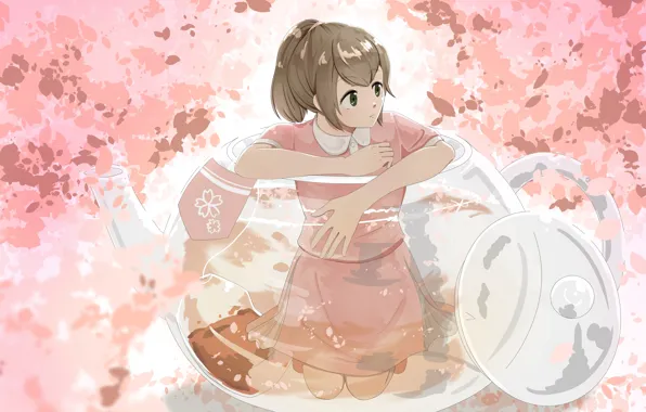 Picture leaves, girl, kettle