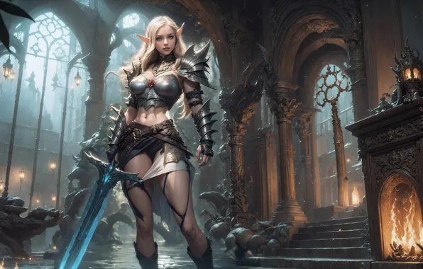 Girl, castle, elf, sword, warrior