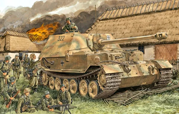 Picture MG-42, Elefant, The Wehrmacht, 653 Heavy Tank Hunter Department, Fence, Burning house, soldiers