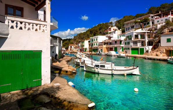 The sky, clouds, boat, home, Sunny, Spain, Mallorca, Cala Figuera